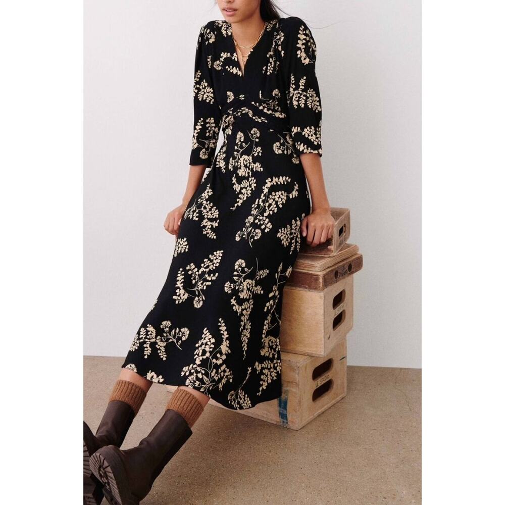 BA&SH Soa Floral Empire Waist 3/4 Sleeve V-Neck Midi Dress Saks 3 L $495